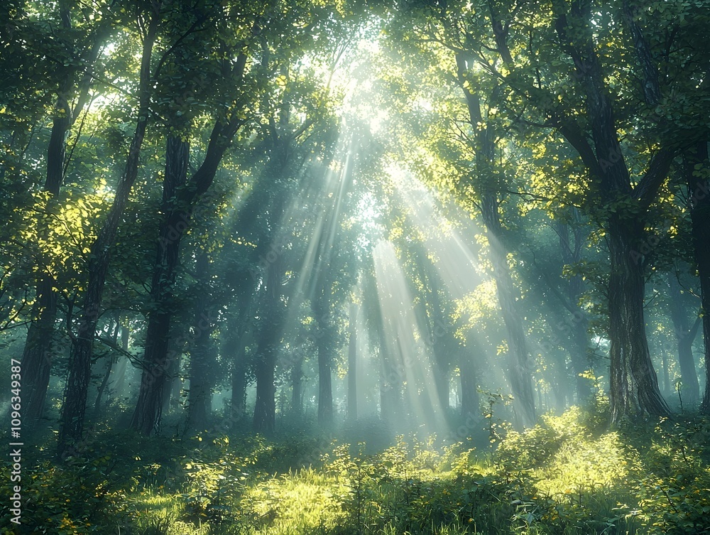 Obraz premium A serene forest scene featuring vibrant green trees bathed in soft sunlight, with rays filtering through the foliage, creating a peaceful and enchanting atmosphere.