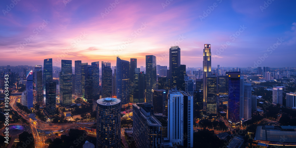 Obraz premium Modern City Skyline with Office Buildings and Drone View at Sunset