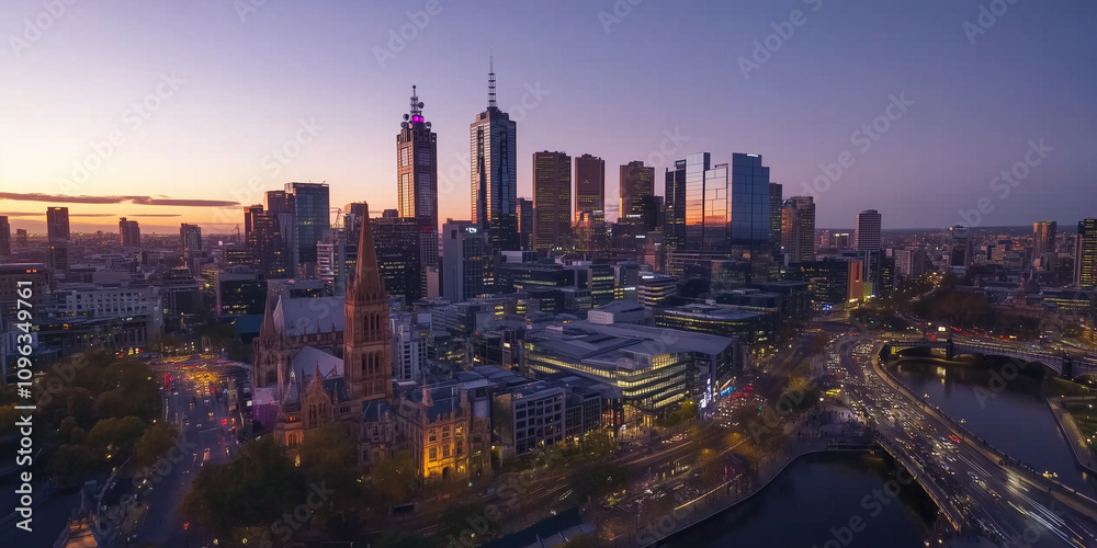 Obraz premium Modern City Skyline with Office Buildings and Drone View at Sunset