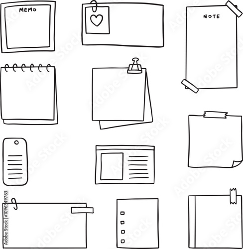 Set Black Collection Simple Line Notes Paper, Diary Doodle Outline Element Vector Design Style Sketch Isolated Illustration Planner, Sticky - Vector set