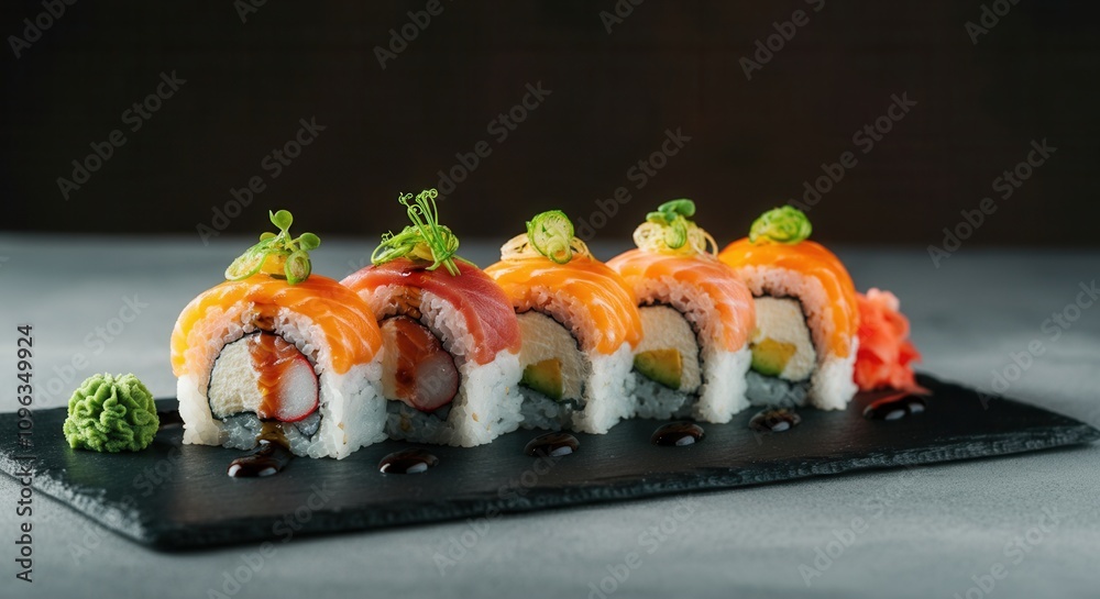 Exquisite sushi selection on elegant dark slate Exquisite sushi selection on elegant dark slate