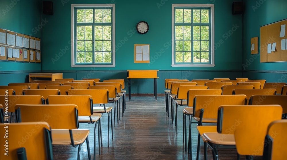 Fototapeta premium Empty classroom with rows of yellow chairs facing a small podium, with two large windows behind it.