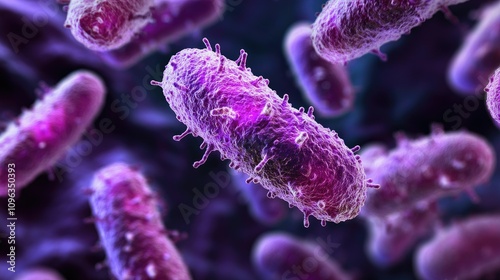 A close-up of Salmonella bacteria under a microscope, showing the cellular detail of this harmful pathogen that leads to foodborne diseases.