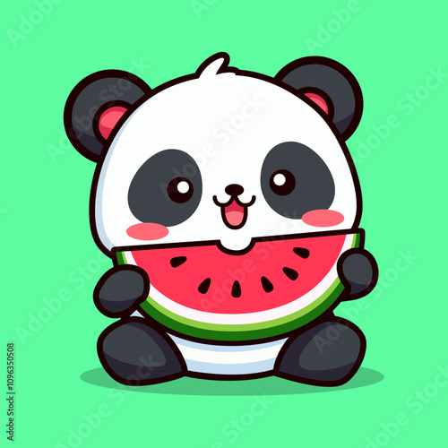 cute panda eating watermelon cartoon character flat color vector illustration template design