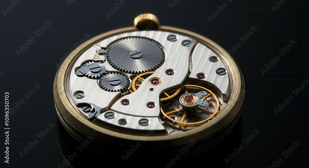Close-up of intricate pocket watch mechanism on dark background