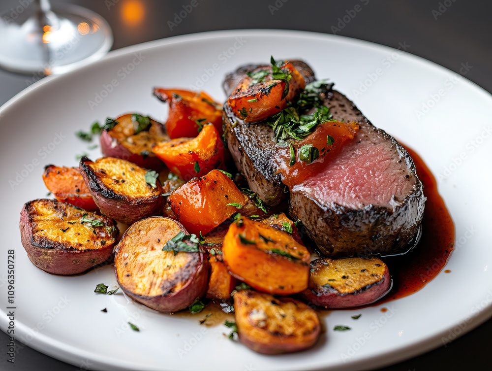 A beautifully plated dish featuring succulent steak accompanied by roasted vegetables, garnished with herbs and drizzled with sauce. A beautifully plated dish featuring succulent steak accompanied by roasted vegetables, garnished with herbs and drizzled with sauce.