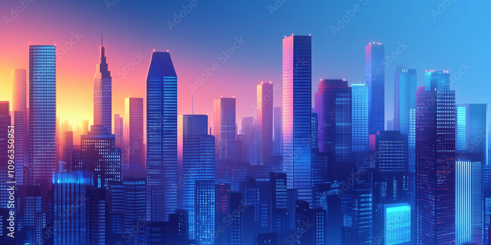 Modern City Skyline with Office Buildings and Drone View at Sunset Modern City Skyline with Office Buildings and Drone View at Sunset