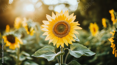 Sunflower blooming in a vibrant field during sunset, capturing the warm glow of nature's beauty in late afternoon light