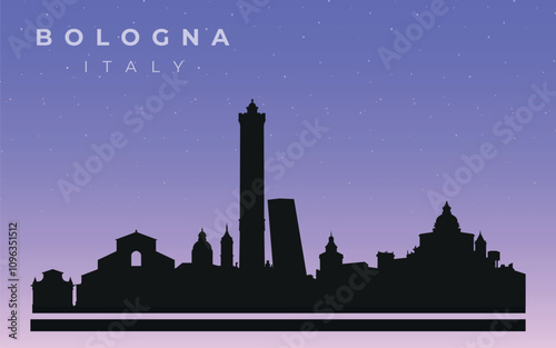 Black silhouette of the skyline of  Bologna. Vector on the background of the night starry sky.