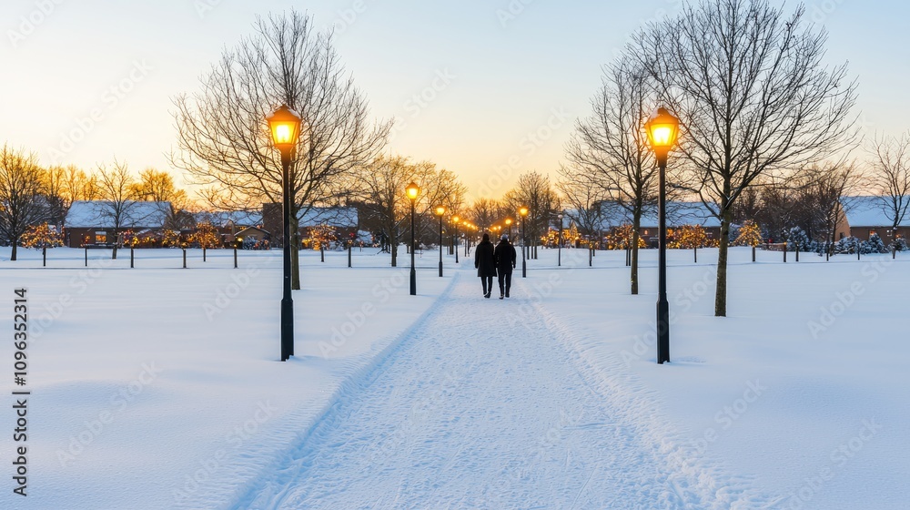 Romantic winter stroll snowy park evening walk quiet neighborhood side view peaceful togetherness