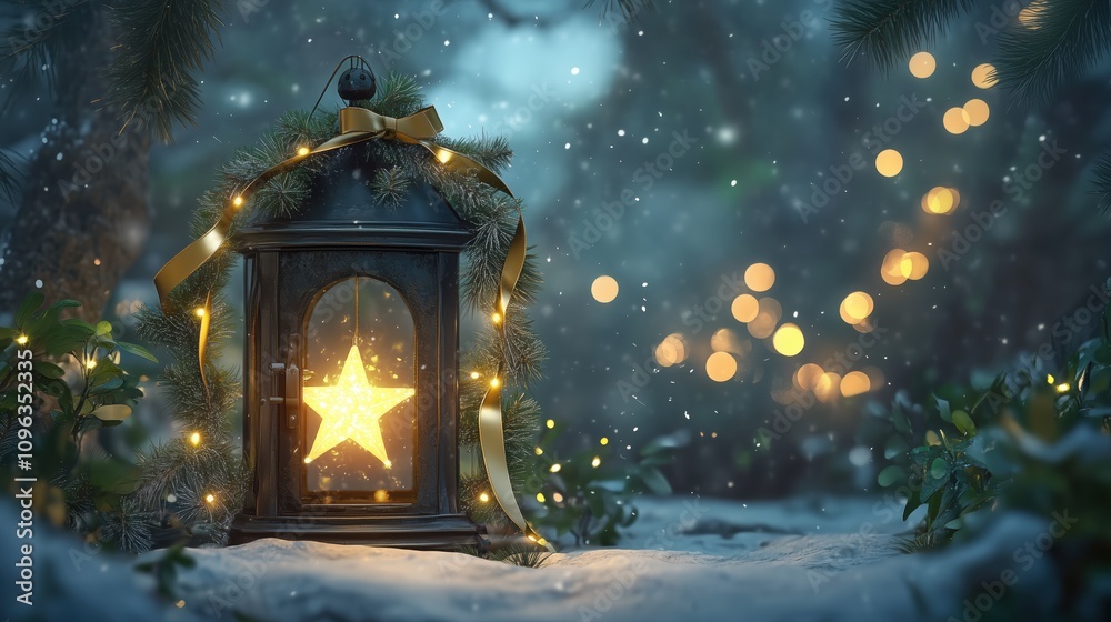 Lantern with golden accents and delicate fairy lights Lantern with golden accents and delicate fairy lights