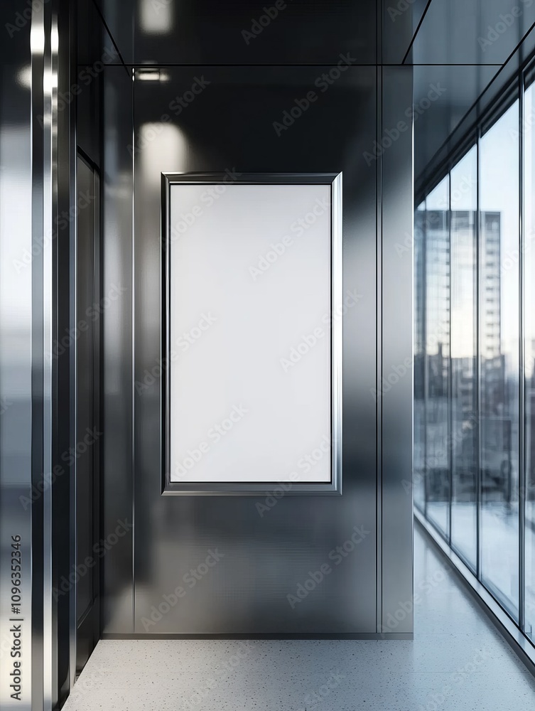 Explore an elegantly designed elevator interior featuring a vertical poster frame for promotional materials and a stunning glass wall view that enhances the overall aesthetic appeal Explore an elegantly designed elevator interior featuring a vertical poster frame for promotional materials and a stunning glass wall view that enhances the overall aesthetic appeal