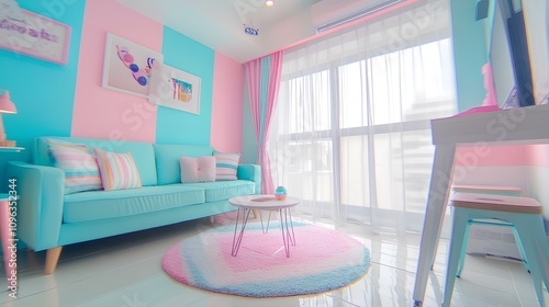 Elegant classic interior design functional living space with pink and blue accents in a modern apartment