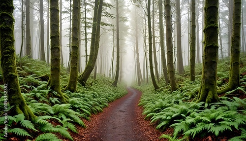 Misty Forest Path Illuminated by Soft Morning Light