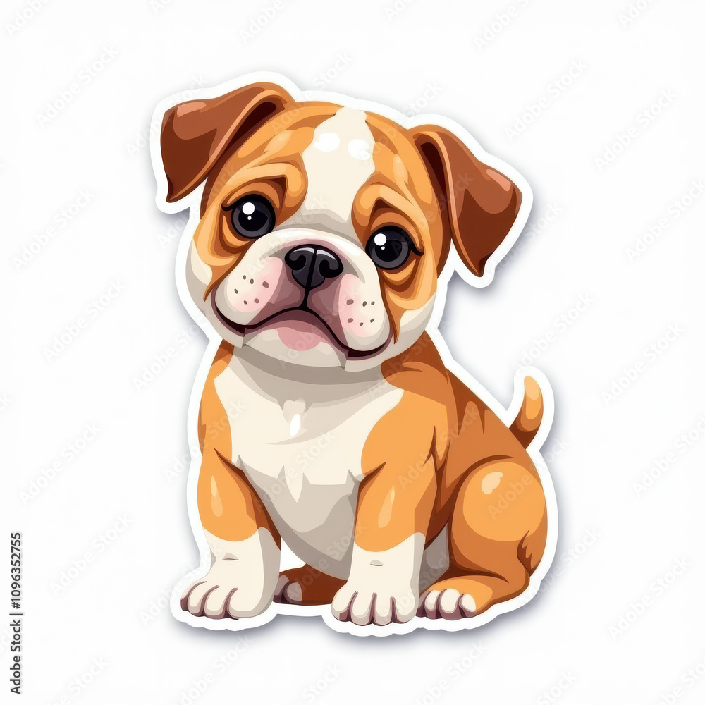 English Bulldog puppy sticker design, cute expression, sitting pose, white background