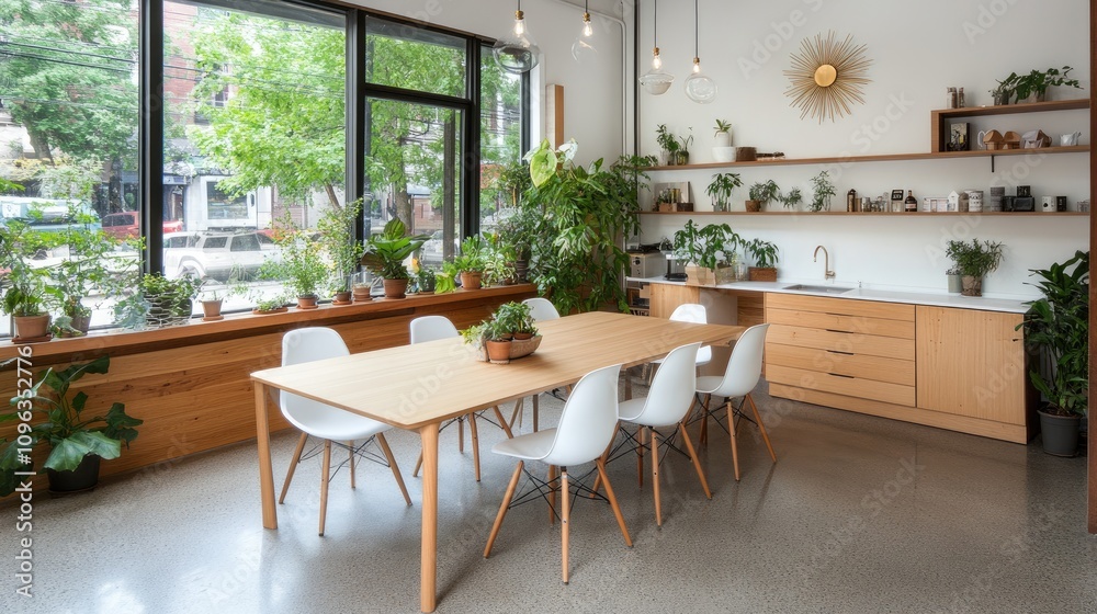 Brightly lit dining room showcases a boho style table with chairs, surrounded by plants and adorned with candles and a sun mirror Brightly lit dining room showcases a boho style table with chairs, surrounded by plants and adorned with candles and a sun mirror