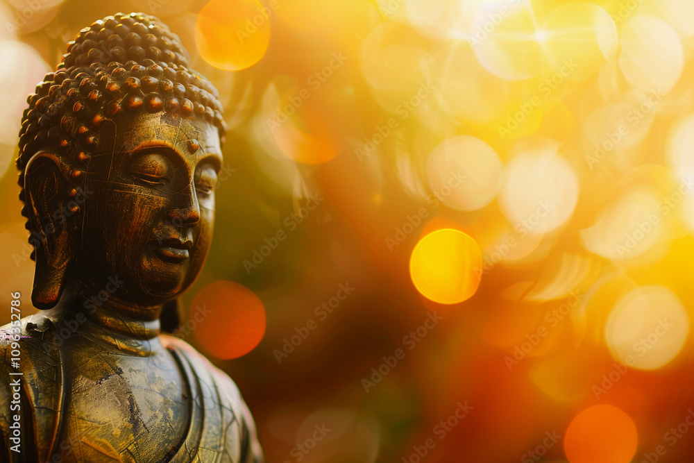 Greeting card with ancient statue great Buddha on holiday composition