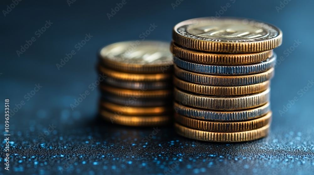 Two stacks of coins on a dark blue background. Two stacks of coins on a dark blue background.