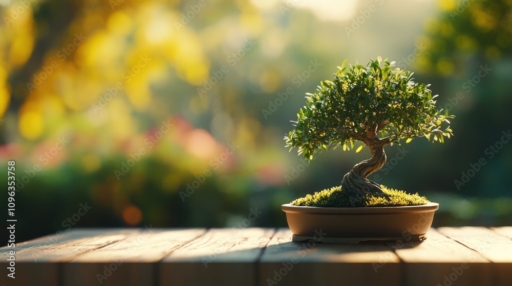 Bonsai tree elegantly showcased on a rustic wooden table surrounded by a tranquil garden, with soft sunlight illuminating its lush foliage and serene atmosphere. Bonsai tree elegantly showcased on a rustic wooden table surrounded by a tranquil garden, with soft sunlight illuminating its lush foliage and serene atmosphere.