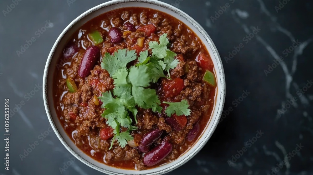 Bowl of Chilli Con Carne topped with fresh cilantro on a sleek dark surface, showcasing vibrant colors and hearty ingredients from a bird’s-eye view. Bowl of Chilli Con Carne topped with fresh cilantro on a sleek dark surface, showcasing vibrant colors and hearty ingredients from a bird’s-eye view.