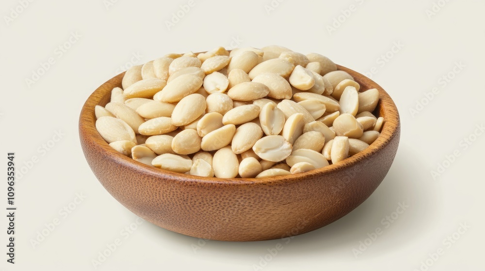 Bowl overflowing with peeled almonds showcasing their smooth surface, elegantly positioned on a soft, neutral backdrop for a calming presentation. Bowl overflowing with peeled almonds showcasing their smooth surface, elegantly positioned on a soft, neutral backdrop for a calming presentation.