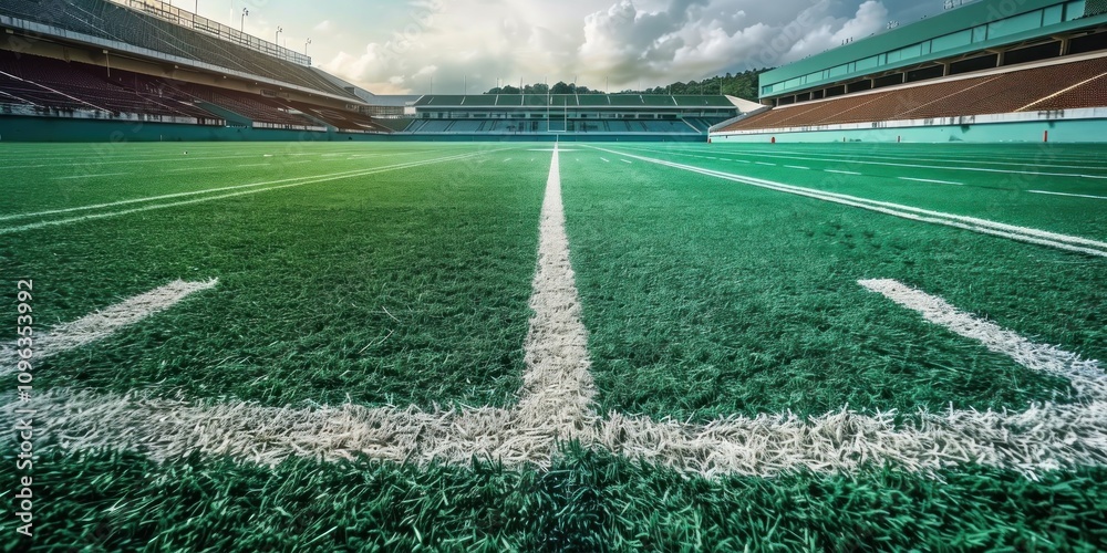 Obraz premium Green Football Field with White Lines and Stands in the Background