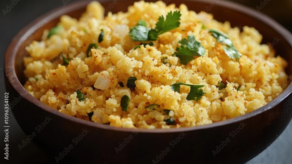 Bowl of vibrant cauliflower rice seasoned with a variety of spices, garnished with fresh cilantro, showcasing a textured and flavorful side dish perfect for healthy meals. Bowl of vibrant cauliflower rice seasoned with a variety of spices, garnished with fresh cilantro, showcasing a textured and flavorful side dish perfect for healthy meals.