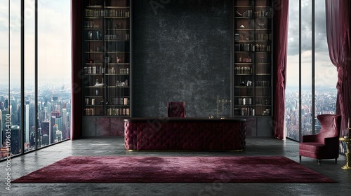 Elegant classic interior design for a functional apartment office in a city skyline environment