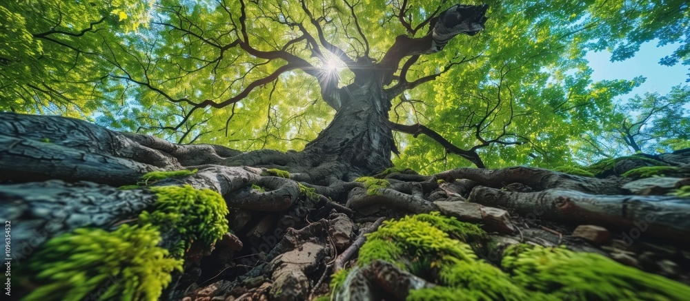 Fototapeta premium Sunlight Filtering Through Tree Canopy and Roots