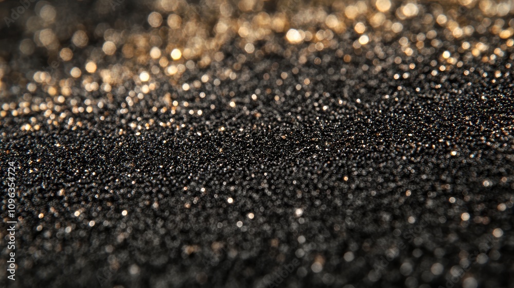 An elegant close-up of shimmering black and gold glitter, creating a luxurious and festive ambiance. An elegant close-up of shimmering black and gold glitter, creating a luxurious and festive ambiance.
