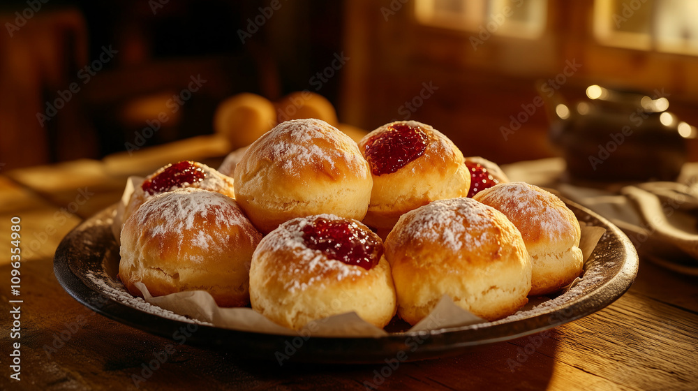 Rustic homemade jam-filled buns with powdered sugar on wooden table in warm lighting Rustic homemade jam-filled buns with powdered sugar on wooden table in warm lighting