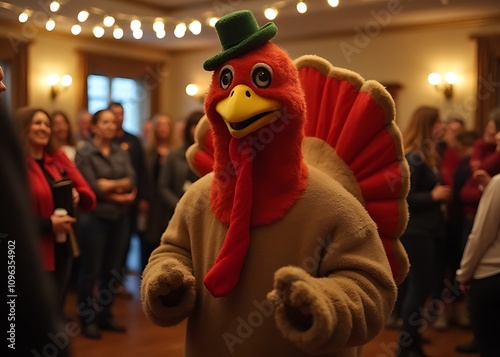 A costumed turkey character sang at a holiday party, getting everyone in the festive spirit with its upbeat musical performance.