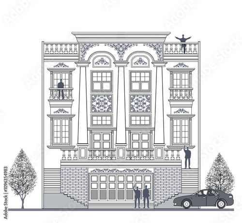 Facade of 3 storeys symmetrical modern classic building with 3 doors, 8 windows, frame, twin stair, balustrade, canopy, balcony, 3 big columns and its elements design.