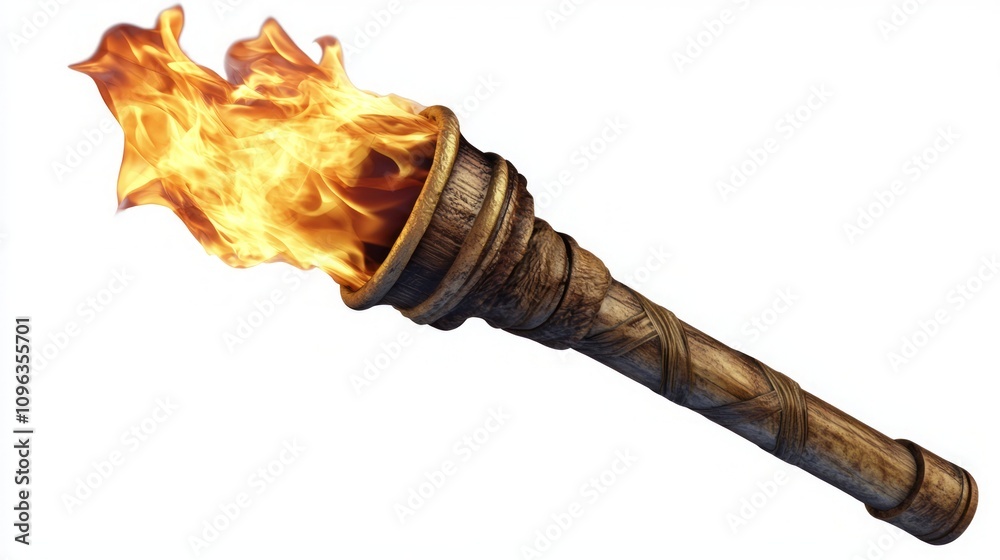 Ancient Wooden Torch with Fiery Flame Ancient Wooden Torch with Fiery Flame