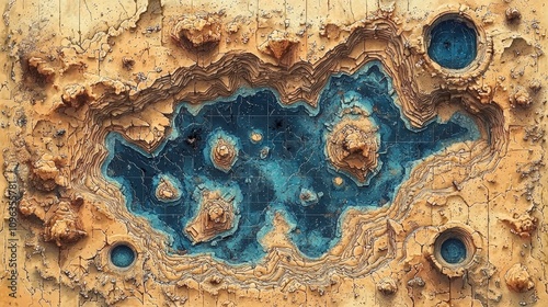 Topographical map depicting a detailed craterous terrain filled with deep blue water bodies, rugged cliffs, and intricate terrain features for creative exploration. photo