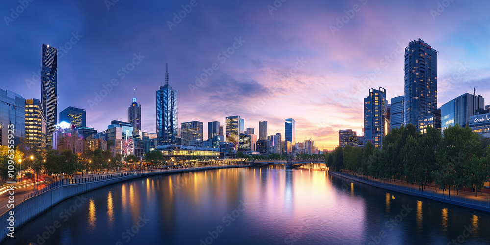 Fototapeta premium Modern City Skyline with Office Buildings and Drone View at Sunset