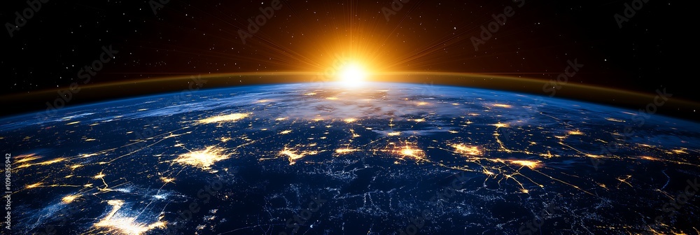 Fototapeta premium Panoramic view of Earth’s surface from orbit. Illuminated city lights, scattered clouds