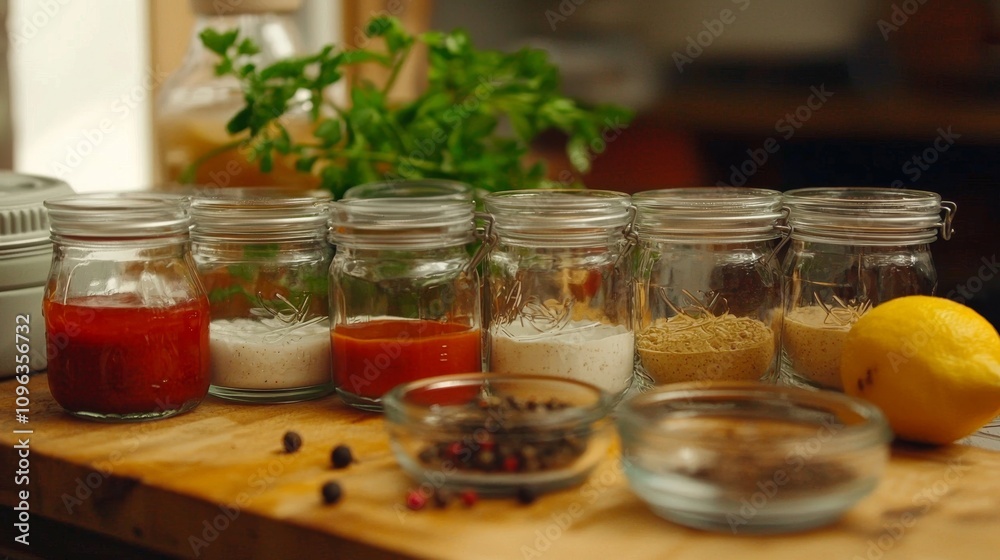 Colorful Jars of Spices and Condiments on Wooden Table Colorful Jars of Spices and Condiments on Wooden Table