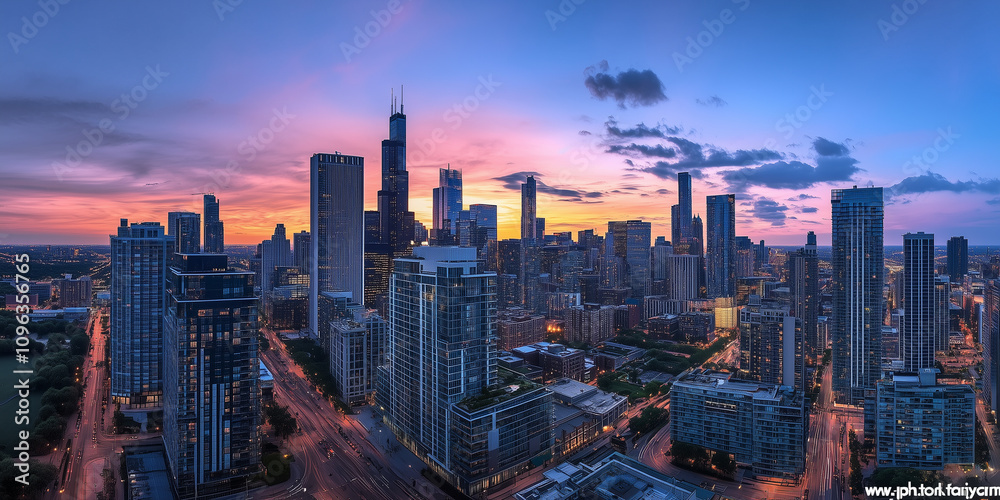 Fototapeta premium Modern City Skyline with Office Buildings and Drone View at Sunset