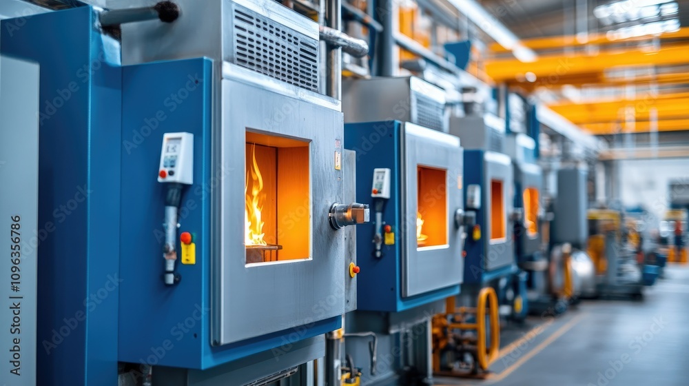 Close-up of industrial furnaces used for processing gypsum boards, displaying high-efficiency drying mechanisms and factory machinery in a large, busy warehouse. Close-up of industrial furnaces used for processing gypsum boards, displaying high-efficiency drying mechanisms and factory machinery in a large, busy warehouse.