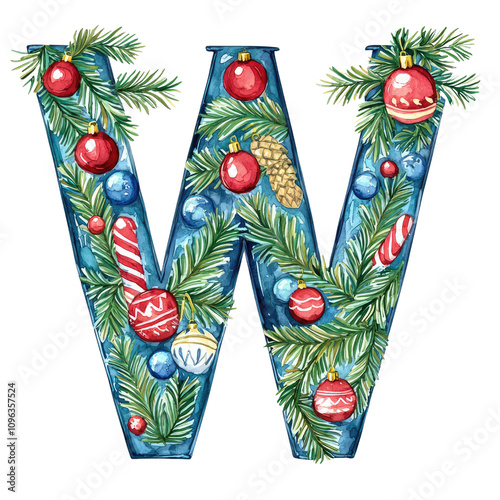 Festive letter w decorated with christmas ornaments winter wonderland graphic art colorful whimsical theme for holiday cheer