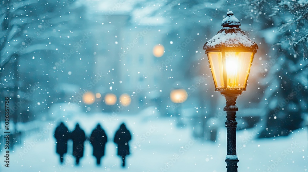 Antique iron lantern casts a warm glow against a snowy winter night sky, illuminating the cobblestone street below Antique iron lantern casts a warm glow against a snowy winter night sky, illuminating the cobblestone street below