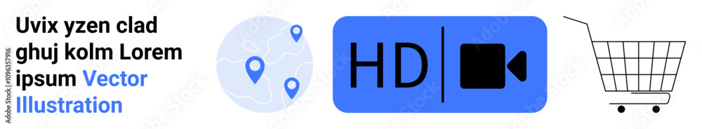 Shopping cart and video streaming icon with HD text, map pinpoint symbols on light blue circle. Ideal for online shopping, digital marketing, technology, video streaming, navigation, ecommerce Shopping cart and video streaming icon with HD text, map pinpoint symbols on light blue circle. Ideal for online shopping, digital marketing, technology, video streaming, navigation, ecommerce