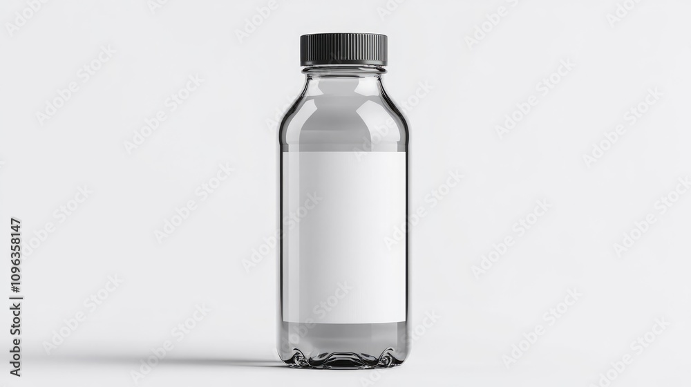 Clear glass water bottle featuring a blank white label and a sleek dark lid, showcasing a minimalist design ideal for customization or branding. Clear glass water bottle featuring a blank white label and a sleek dark lid, showcasing a minimalist design ideal for customization or branding.