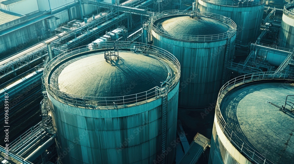 Detailed view of biogas storage tanks in an eco-friendly facility, showcasing the storage process of renewable energy produced from organic waste. Detailed view of biogas storage tanks in an eco-friendly facility, showcasing the storage process of renewable energy produced from organic waste.