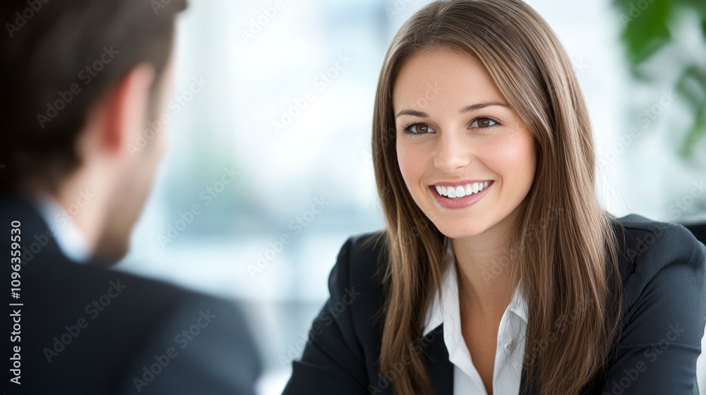A woman in a business suit is smiling at the camera A woman in a business suit is smiling at the camera