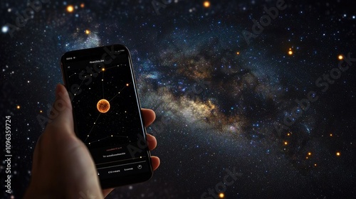 Digital astronomy app on a smartphone screen tracking the path of comet C2023 A3, with a cosmic background and user-friendly interface for stargazers. photo