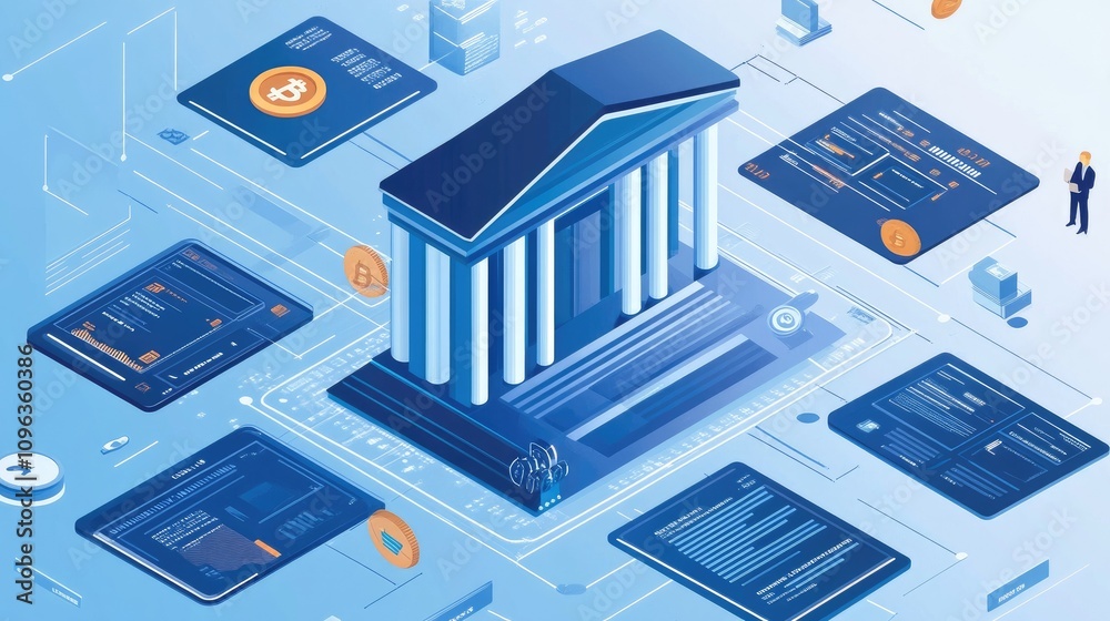 Digital banking contracts executed via blockchain technology, with secure transactions shown on advanced interfaces in a high-tech financial ecosystem.