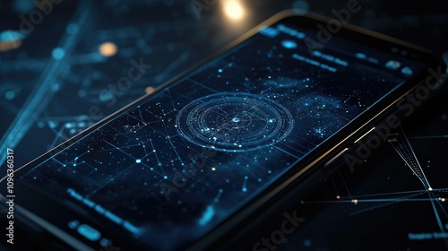 Digital astronomy app on a smartphone screen tracking the path of comet C2023 A3, with a cosmic background and user-friendly interface for stargazers. photo