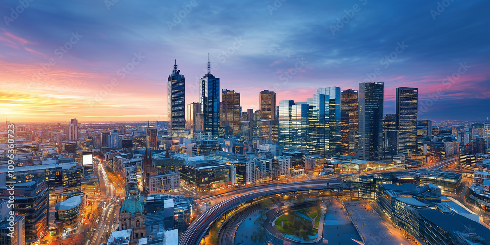 Obraz premium Modern City Skyline with Office Buildings and Drone View at Sunset